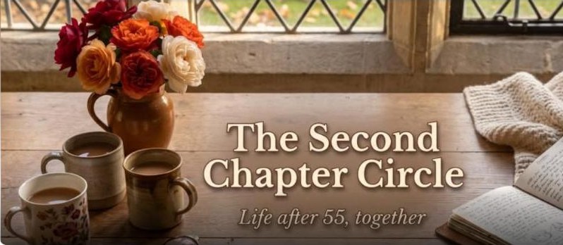 Cover of The Second Chapter Circle Facebook group: cups of tea, roses and an open notebook
