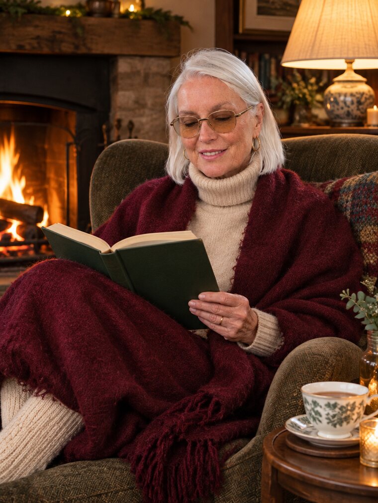 Eleanor in a roll-neck and burgundy wrap reading by the fire with a cup of tea