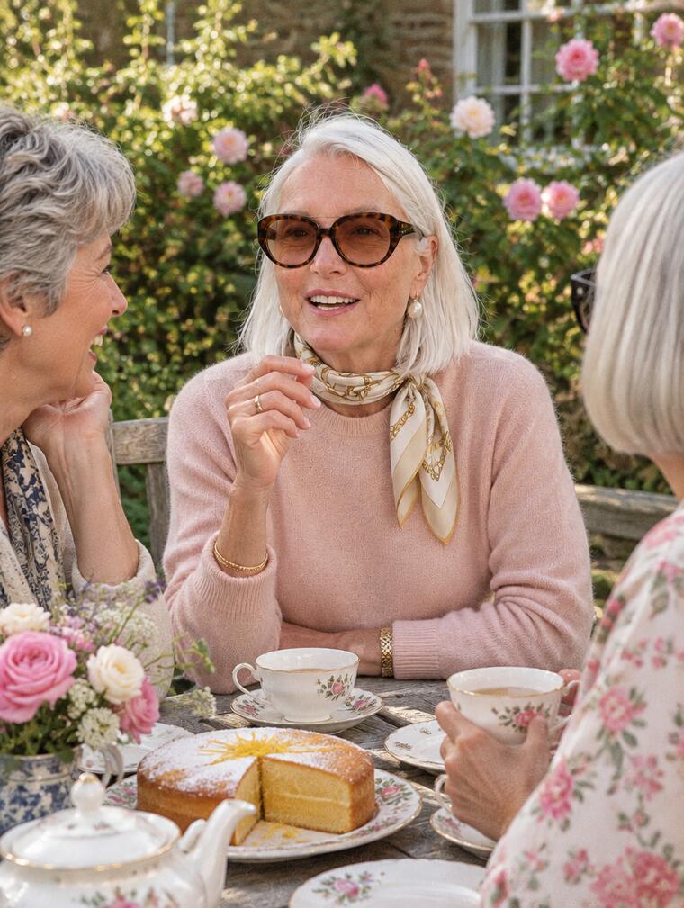 Eleanor in a blush jumper and silk scarf laughing over tea and cake with two friends in a rose garden