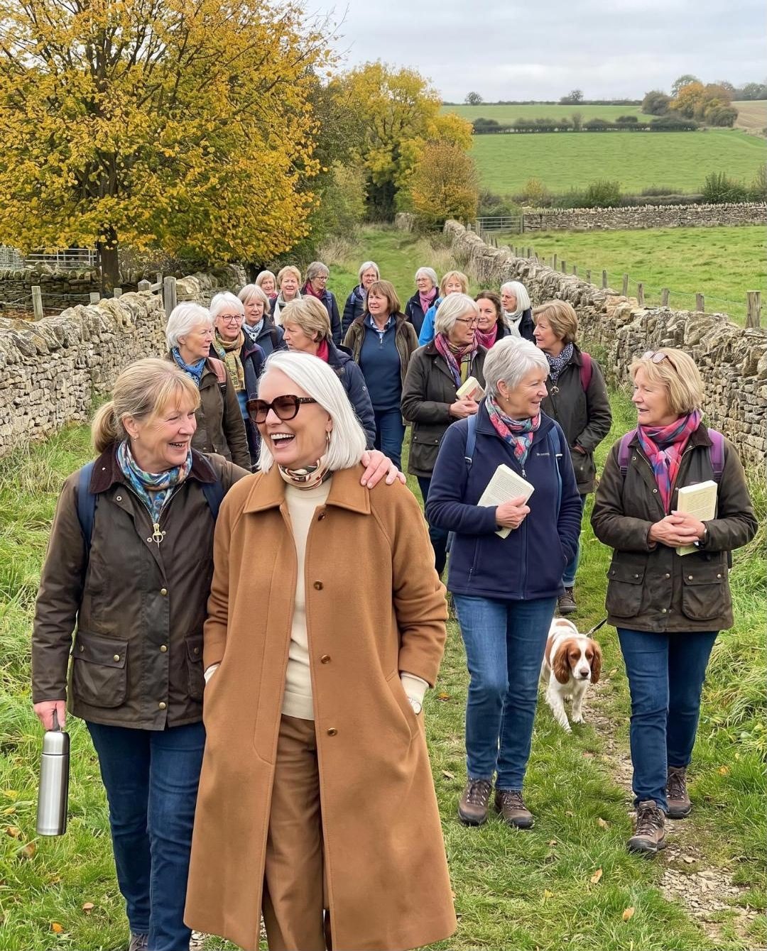 Illustration of a group of women in their sixties laughing together on a countryside walk in autumn