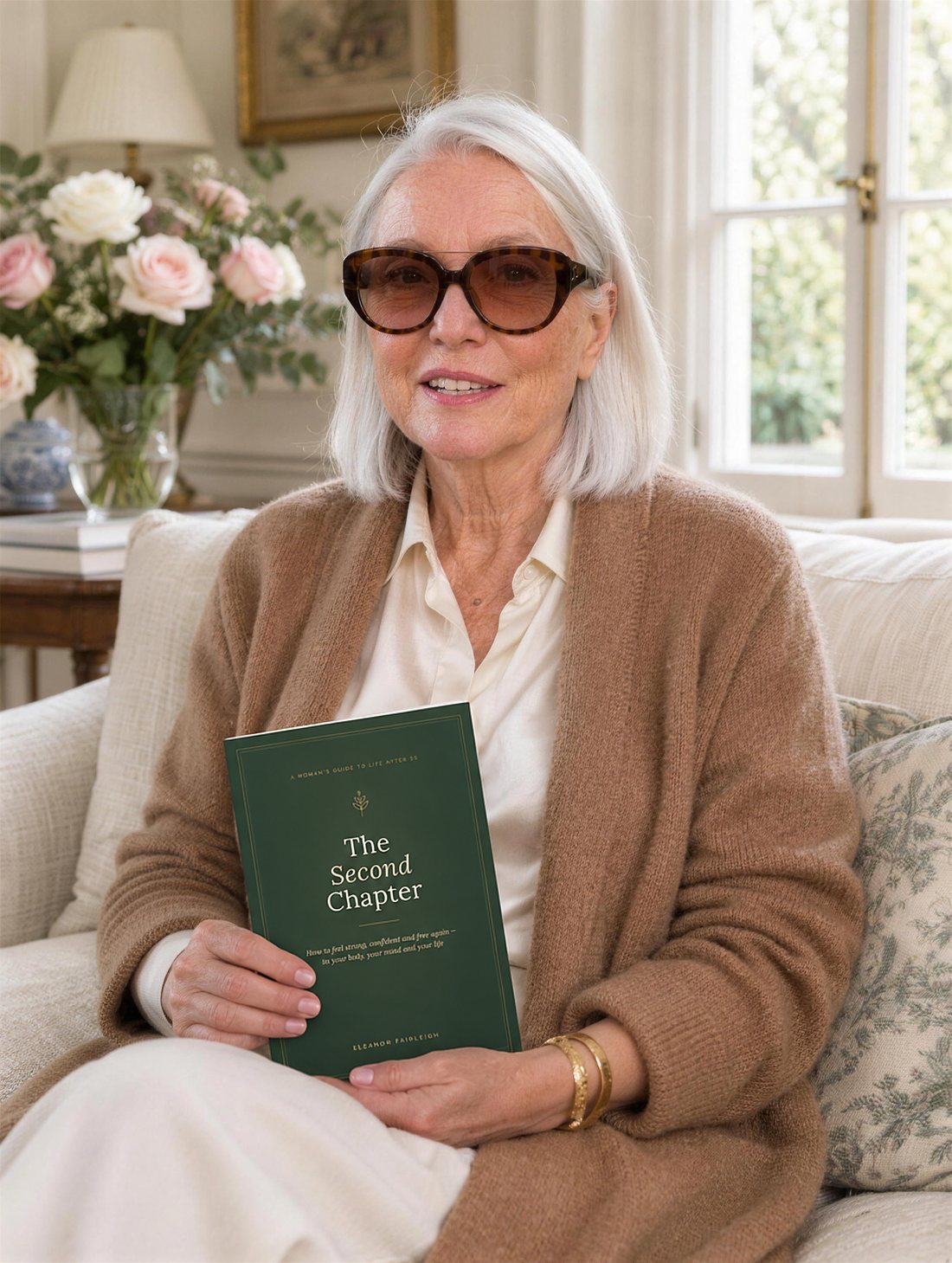 Eleanor, a woman of 67 with a sleek white bob and tortoiseshell sunglasses, in an ivory silk blouse and camel cardigan, smiling on a linen sofa with The Second Chapter on her lap