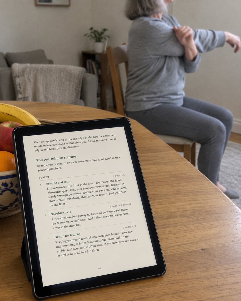A tablet propped on the table showing the ten-minute routine while a woman does a seated stretch behind it