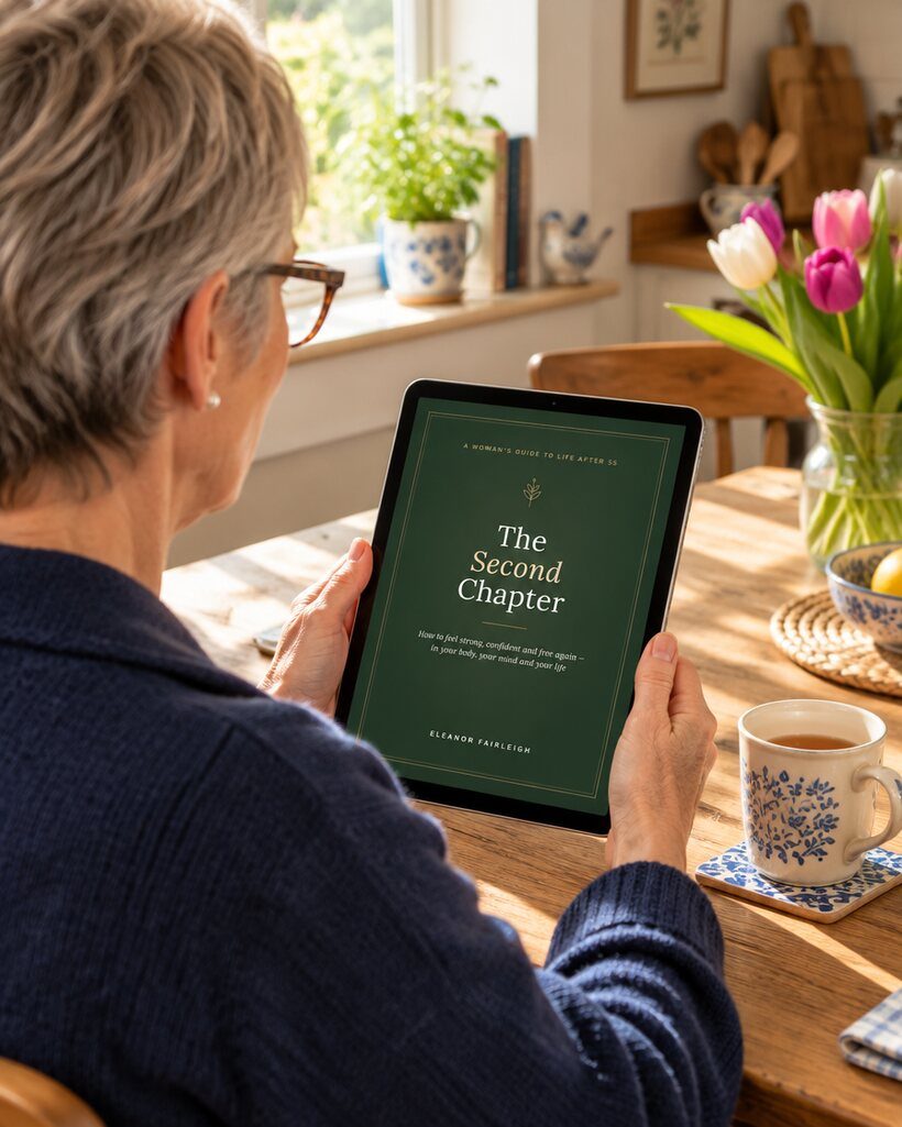 A woman with short grey hair reading The Second Chapter on a tablet at her kitchen table with a cup of tea