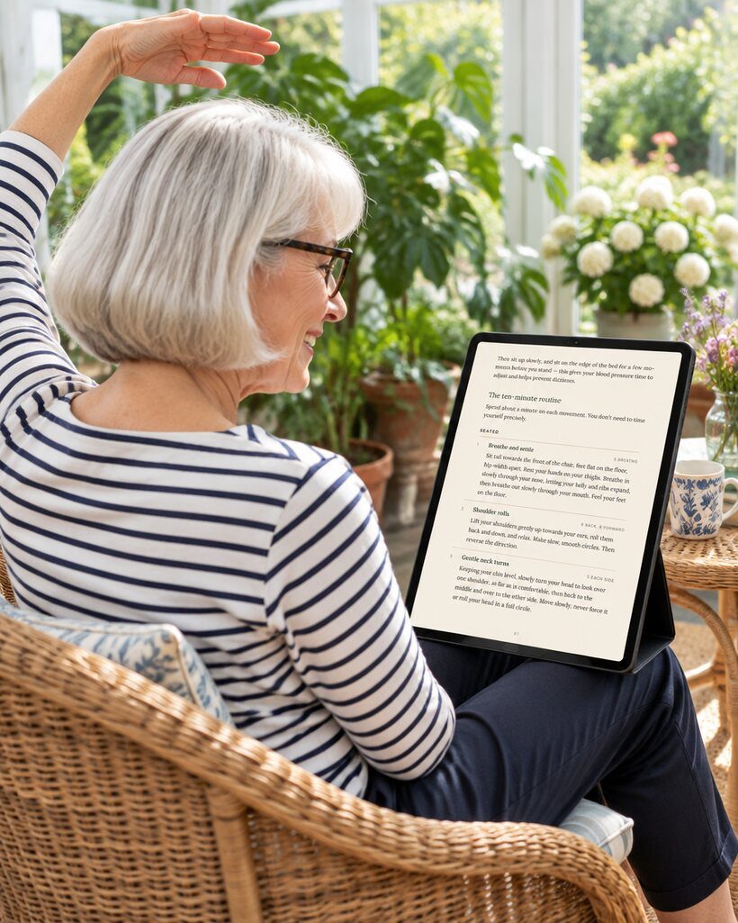A white-haired woman stretching in a sunny conservatory with the book open on a tablet