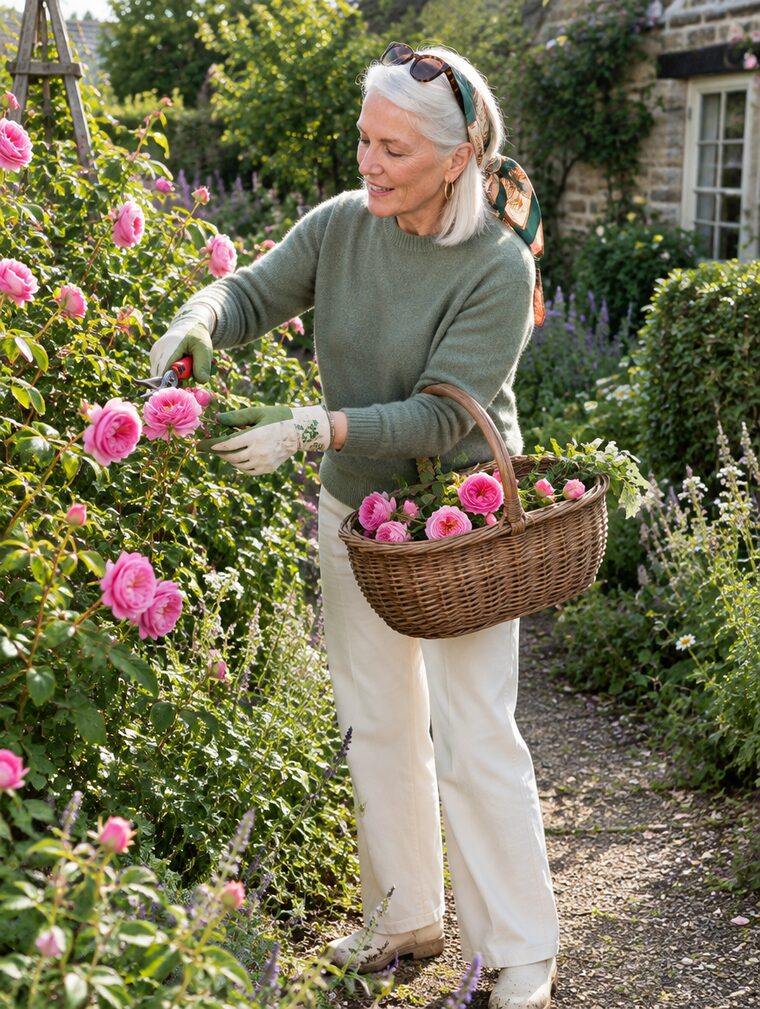 Eleanor in a sage jumper cutting pink roses into a wicker basket