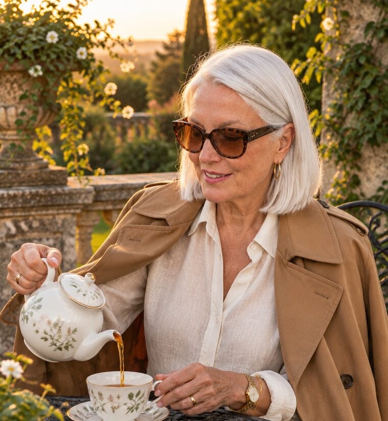 Eleanor in a cream linen shirt and camel trench pouring tea on a stone terrace at sunset