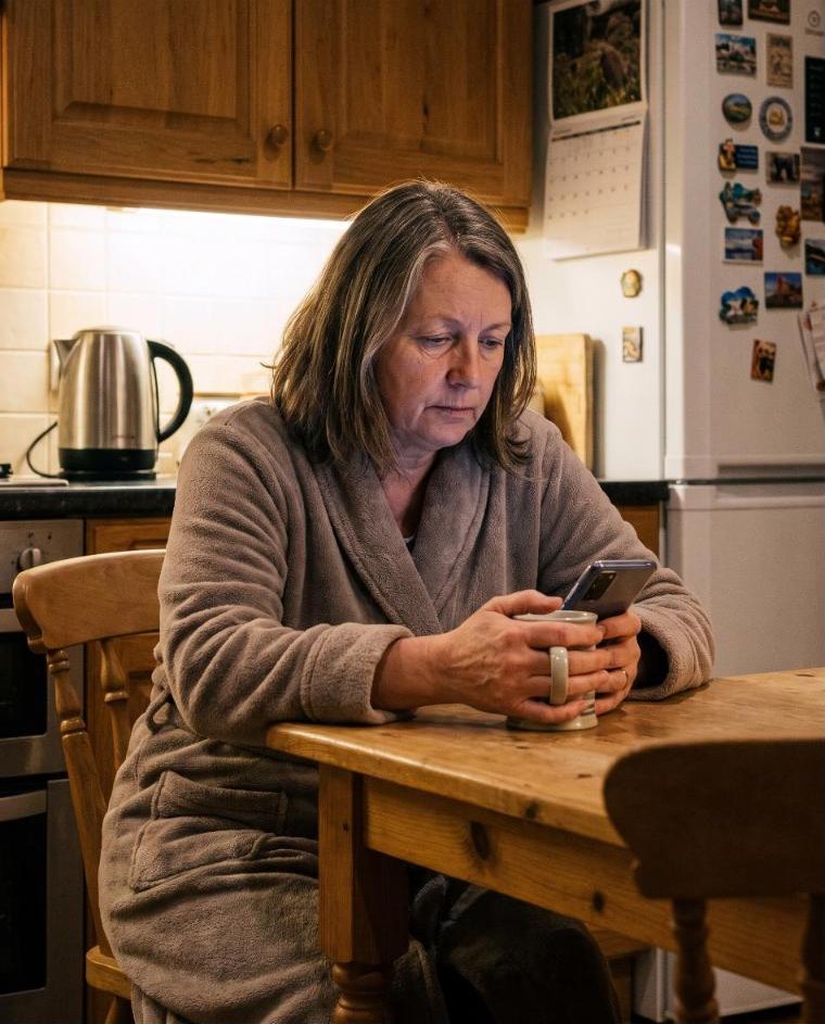 A woman in her late fifties at her kitchen table late at night with a mug of tea