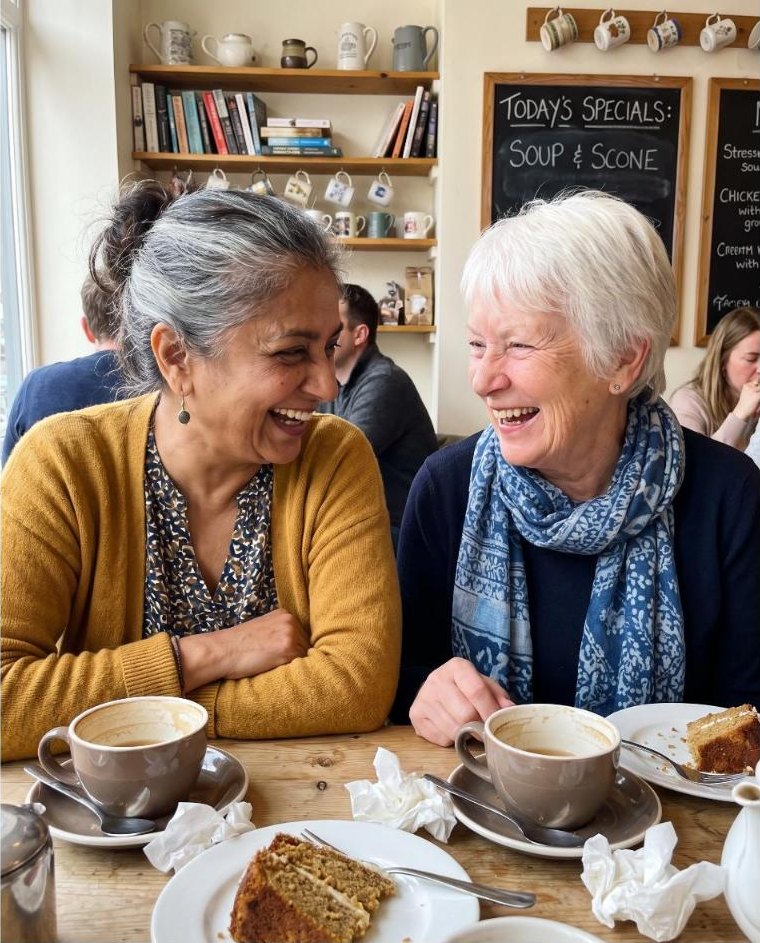Two women in their sixties laughing together in a café