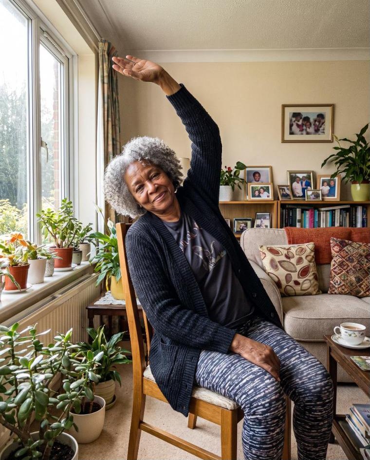 A woman in her sixties doing a seated stretch in her living room