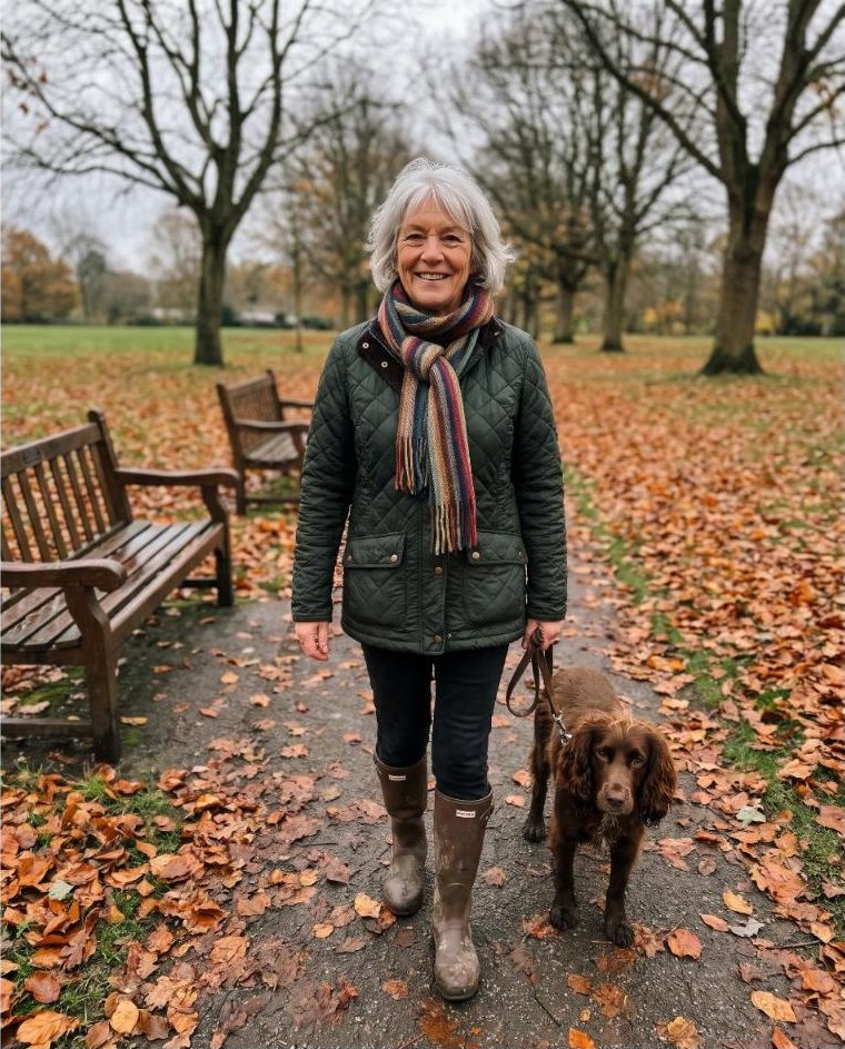 A woman in her sixties walking her spaniel in an autumn park