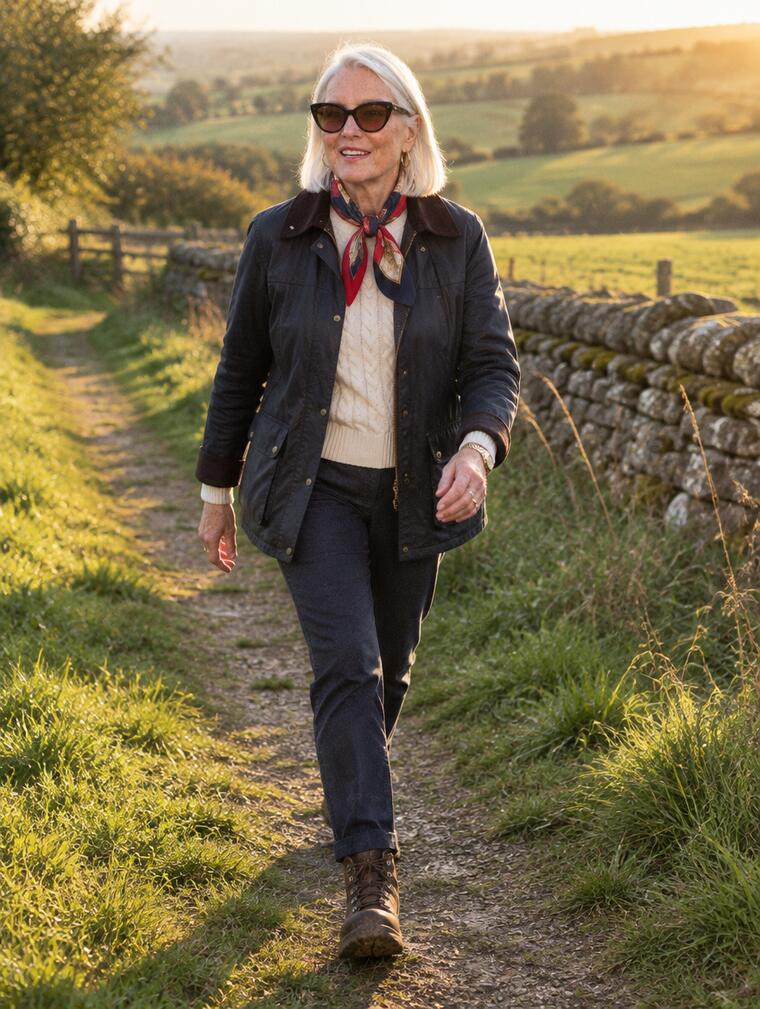 Eleanor in a waxed jacket and silk scarf walking along a country footpath in morning light