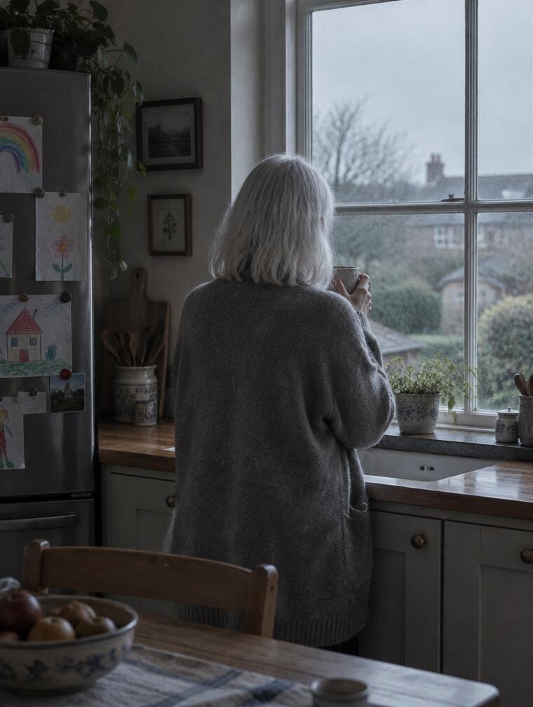 Eleanor at her kitchen window on a grey morning, seen from behind
